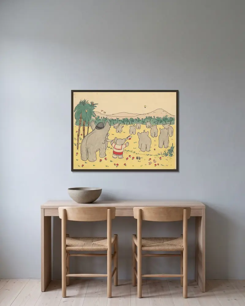 Babar auf Reisen, Taf. 3 von Jean de Brunhoff gerahmt an einer Wand
