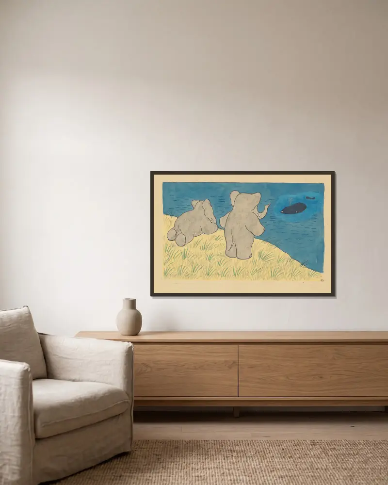 Babar reist, Tafel 6 von Jean de Brunhoff gerahmt an einer Wand