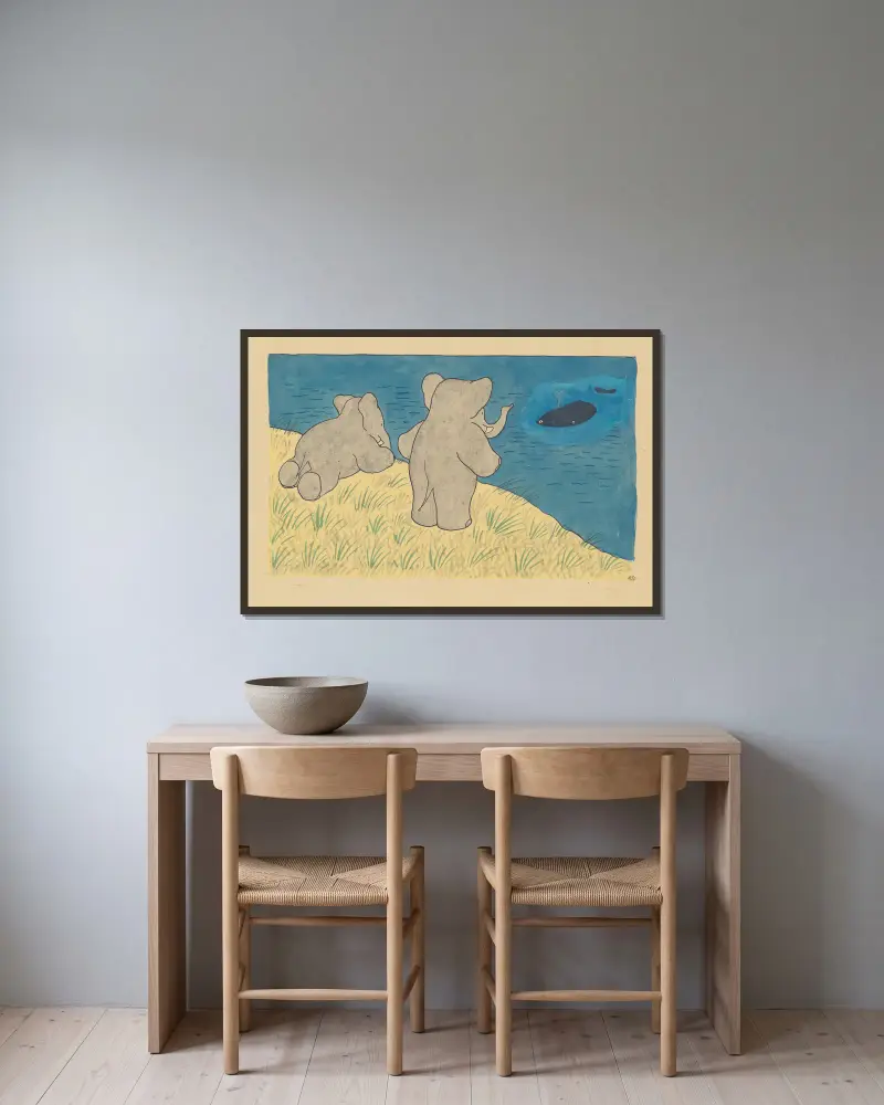 Babar reist, Tafel 6 von Jean de Brunhoff gerahmt an einer Wand