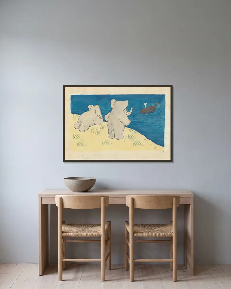 Babar reist, Tafel 7 von Jean de Brunhoff gerahmt an einer Wand