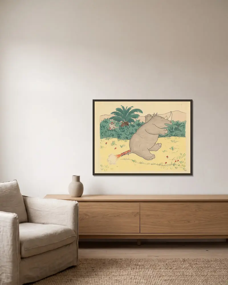Babar reist, Taf. 12 von Jean de Brunhoff gerahmt an einer Wand