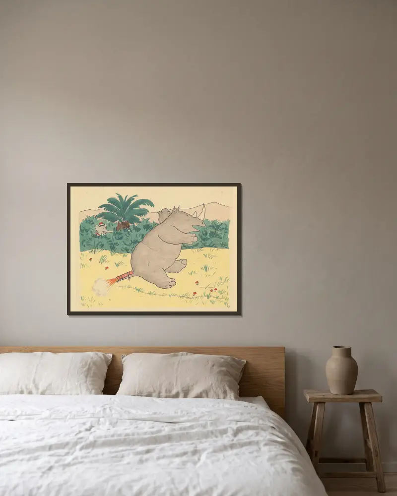Babar reist, Taf. 12 von Jean de Brunhoff gerahmt an einer Wand