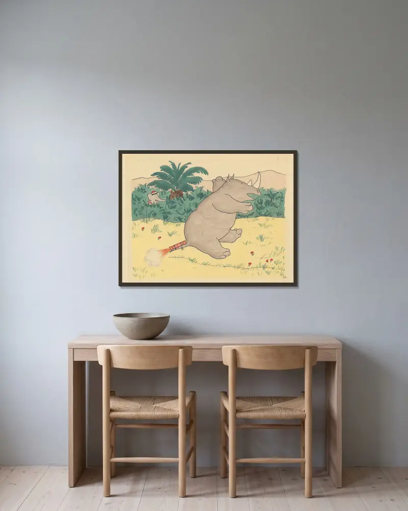 Babar reist, Taf. 12 von Jean de Brunhoff gerahmt an einer Wand