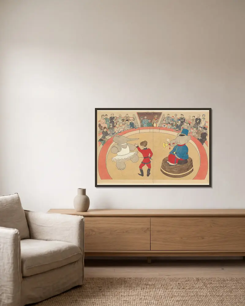 Babar auf Reisen, Tafel 14 von Jean de Brunhoff gerahmt an einer Wand