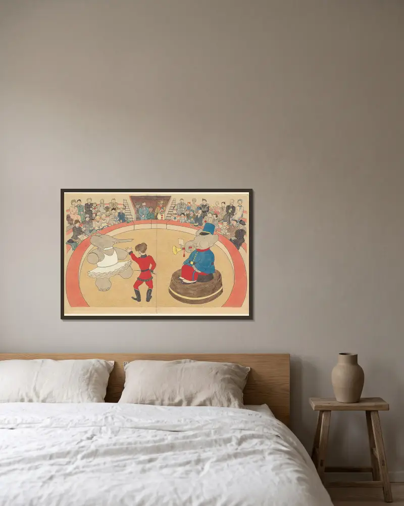 Babar auf Reisen, Tafel 14 von Jean de Brunhoff gerahmt an einer Wand