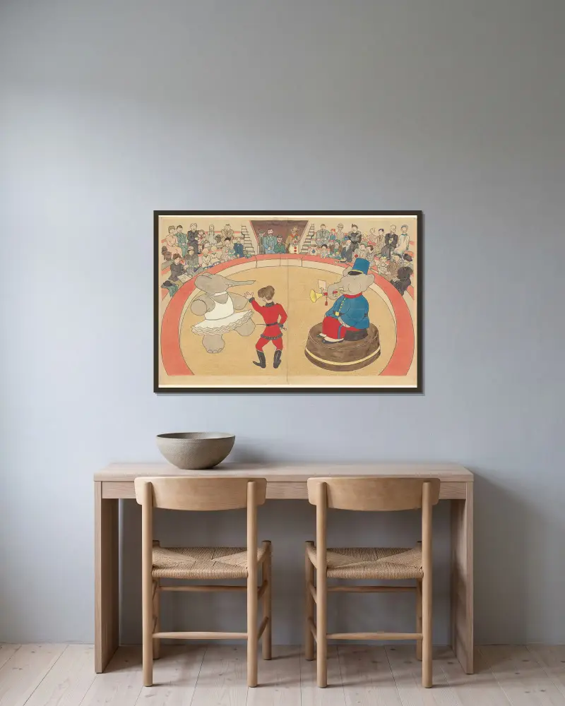 Babar auf Reisen, Tafel 14 von Jean de Brunhoff gerahmt an einer Wand