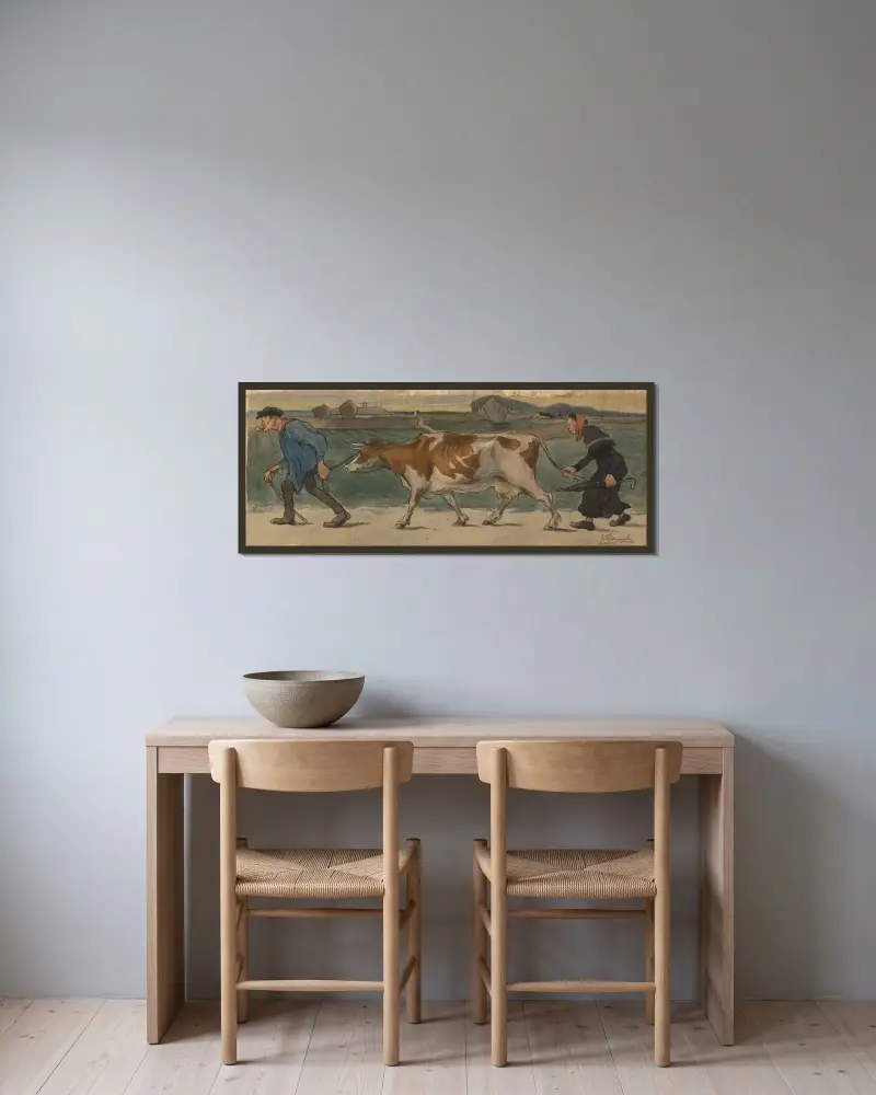 En ko leds till marknaden av Jules De Bruycker inramad på en vägg