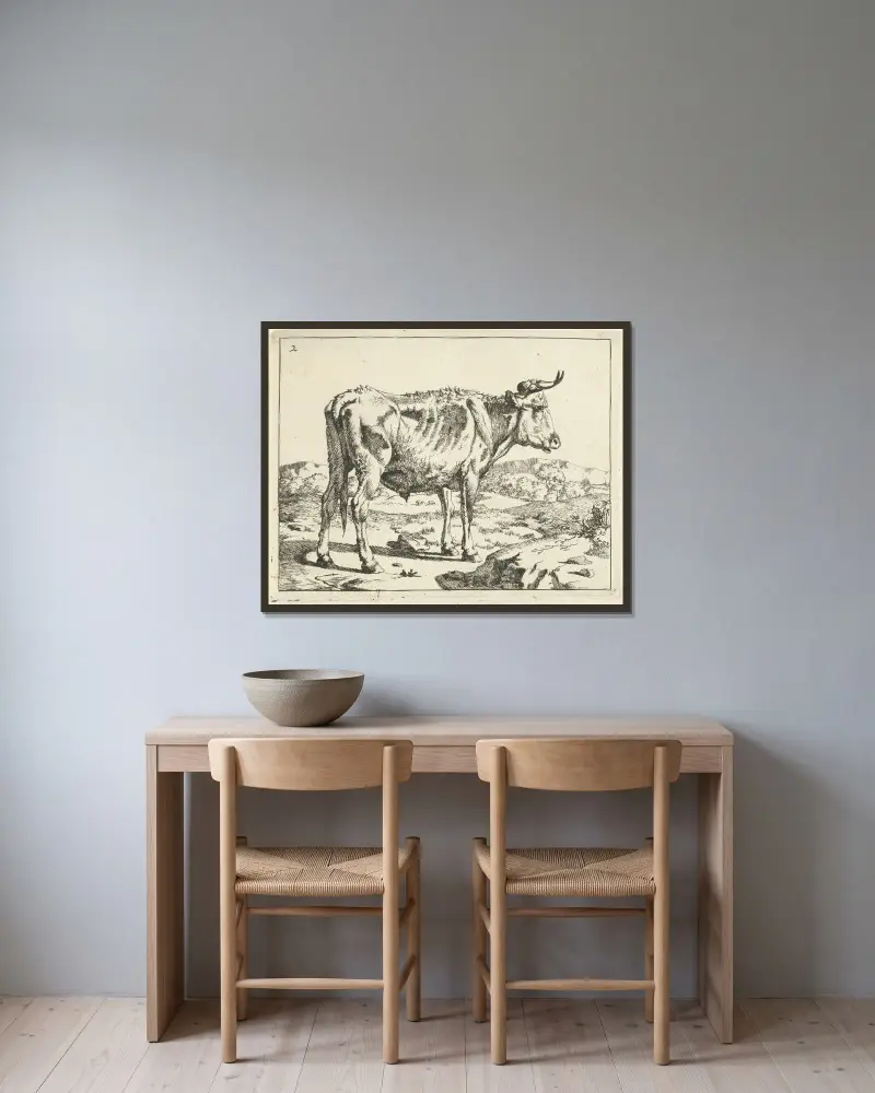 Stier neben einem Felsen stehend von Marcus de Bye gerahmt an einer Wand