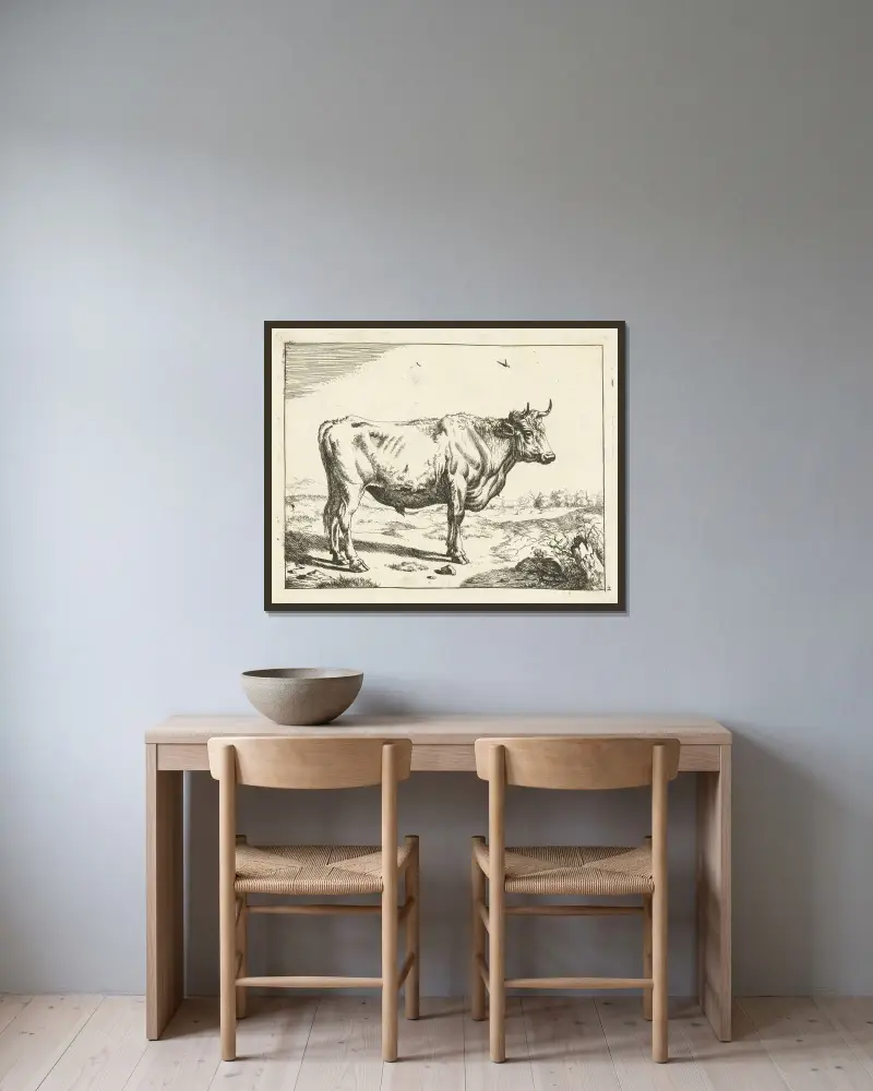 Stier nach rechts stehend, mit Vögeln von Marcus de Bye gerahmt an einer Wand