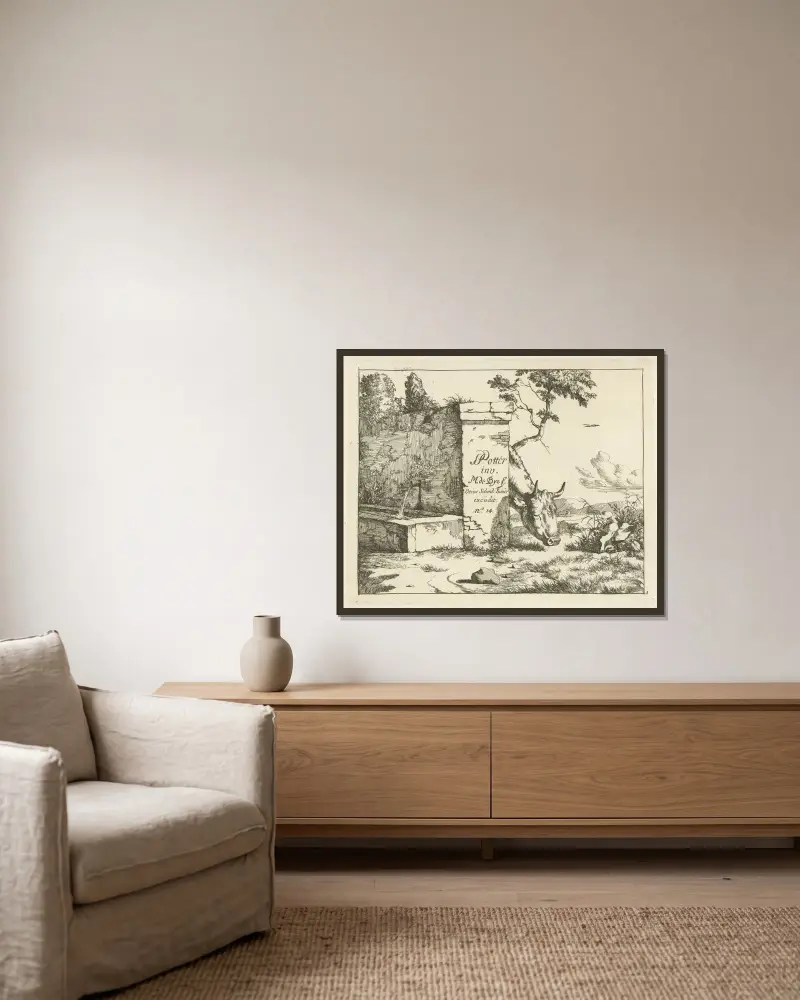 Weidendes Vieh hinter einer Mauer von Marcus de Bye gerahmt an einer Wand