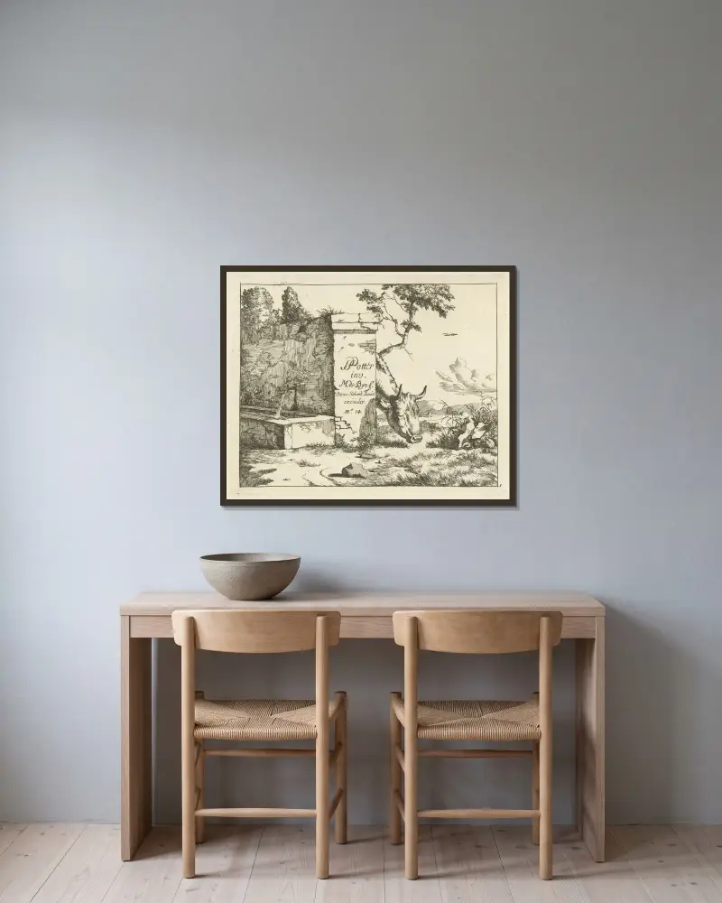Weidendes Vieh hinter einer Mauer von Marcus de Bye gerahmt an einer Wand