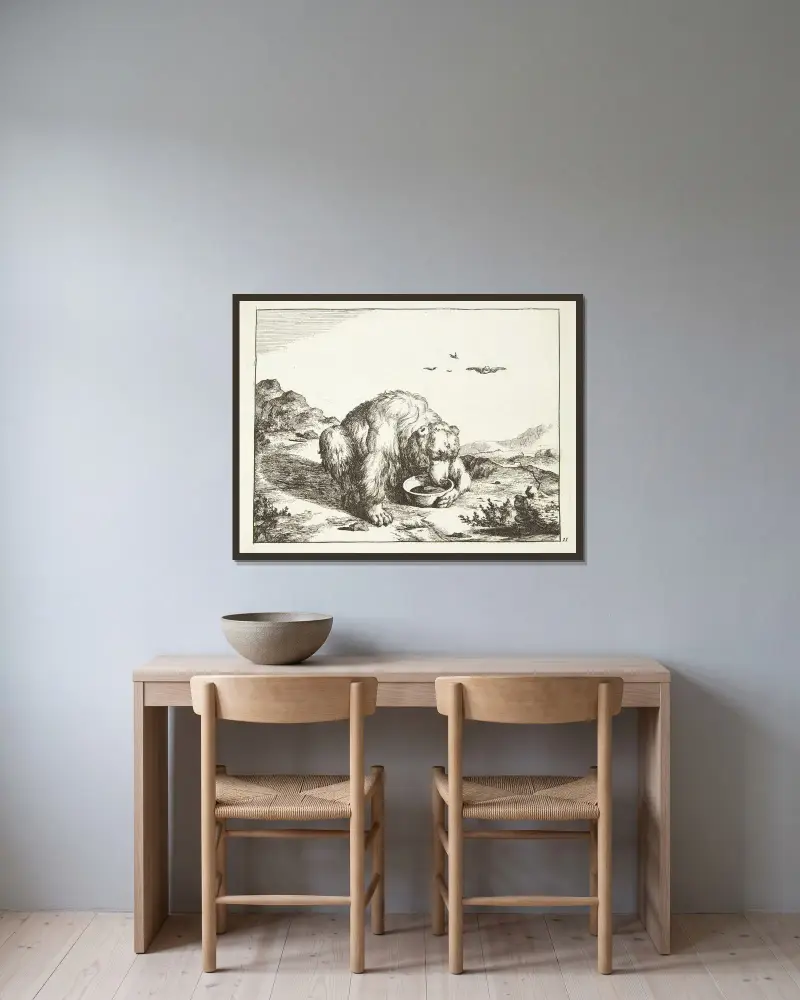 Trinkender Bär von Marcus de Bye gerahmt an einer Wand