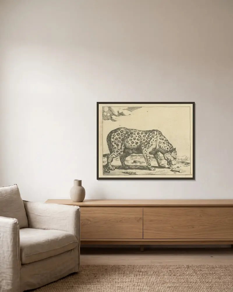 Liggande leopard (Leoparder) av Marcus de Bye inramad på en vägg