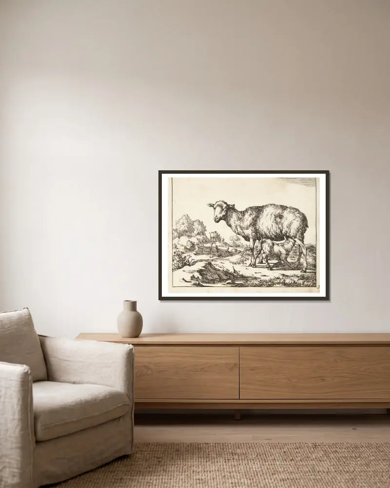 Ziege und Lamm von Marcus de Bye gerahmt an einer Wand