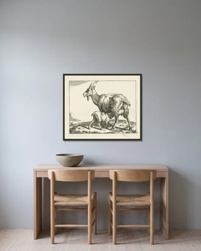 Ziege mit trinkendem Lamm von Marcus de Bye gerahmt an einer Wand