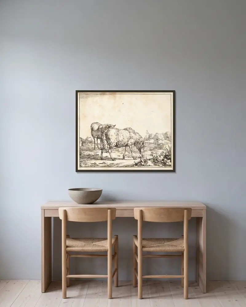 Grasendes Schaf, nach rechts gewandt von Marcus de Bye gerahmt an einer Wand