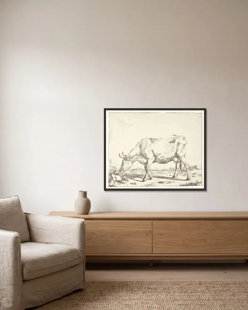 Grasende Kuh von Marcus de Bye gerahmt an einer Wand