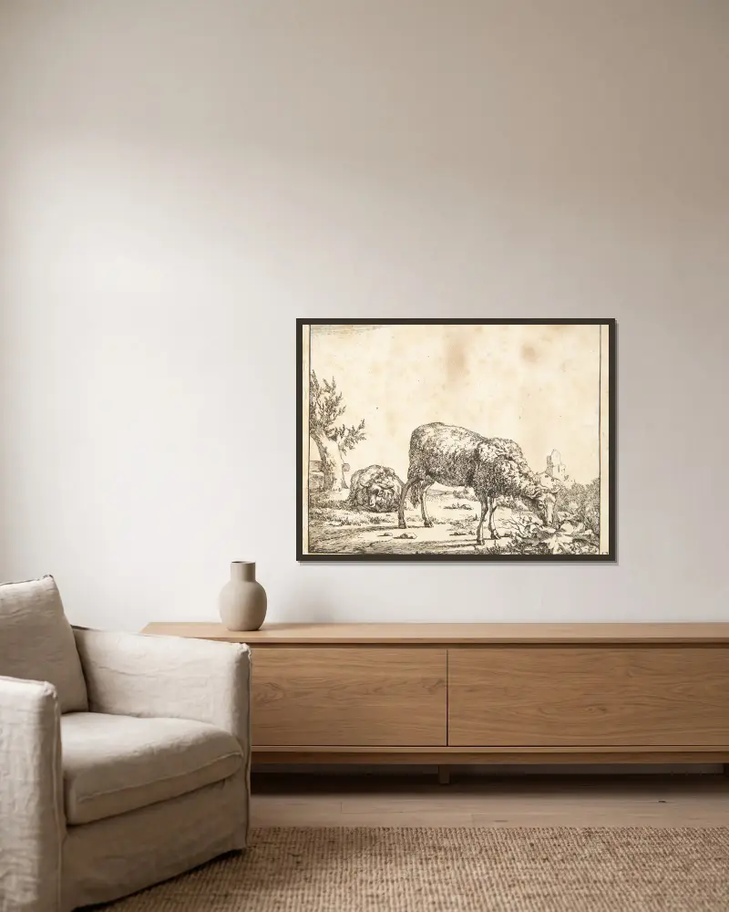 Weidende und liegende Schafe von Marcus de Bye gerahmt an einer Wand