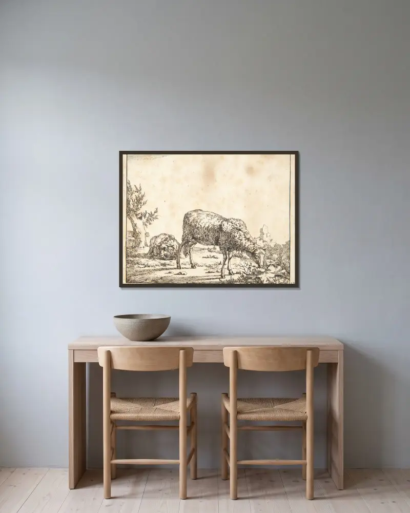 Weidende und liegende Schafe von Marcus de Bye gerahmt an einer Wand