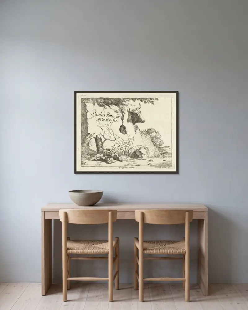 Kuhkopf hinter einem Felsen von Marcus de Bye gerahmt an einer Wand