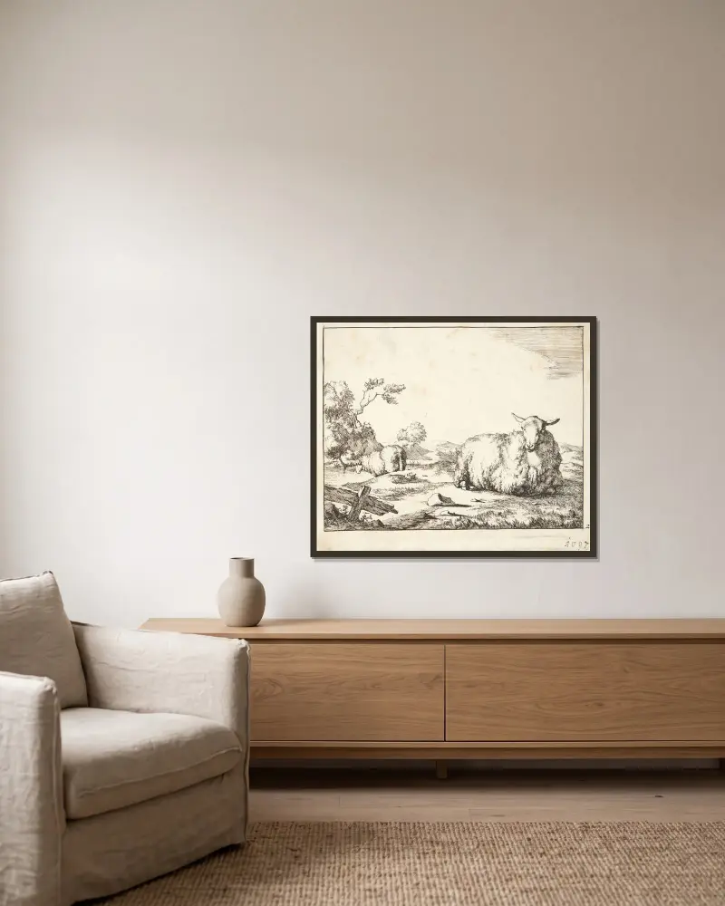 Liegendes Schaf von Marcus de Bye gerahmt an einer Wand