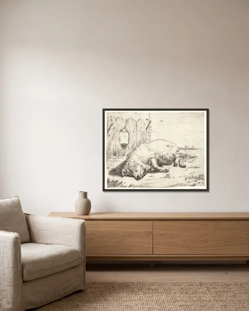 Liegende Sau von Marcus de Bye gerahmt an einer Wand