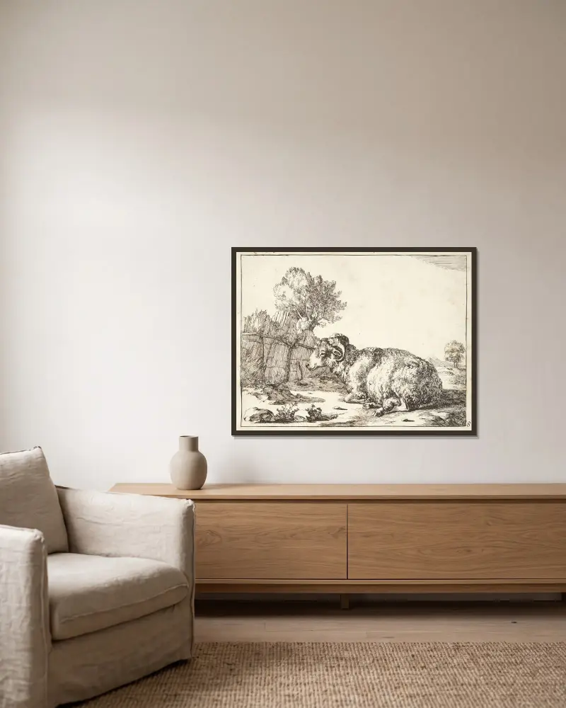 Liegender Widder, nach links gewandt von Marcus de Bye gerahmt an einer Wand