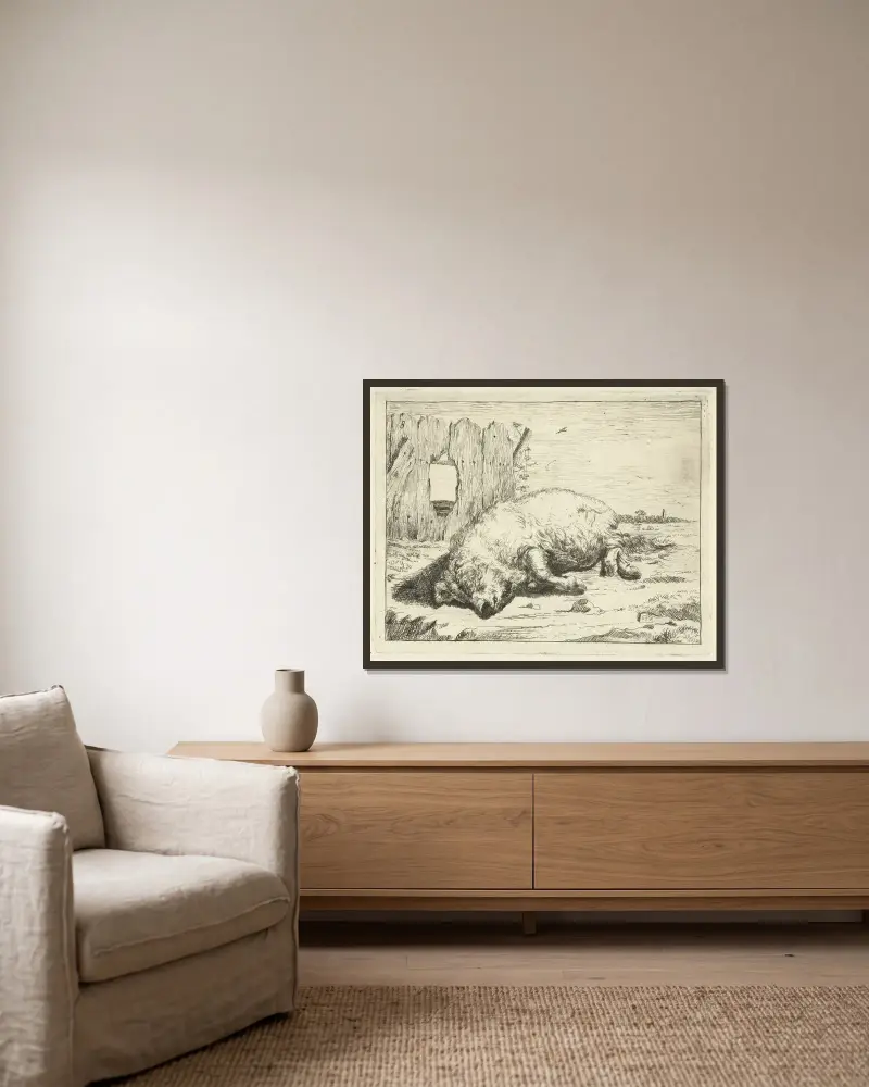 Liegendes Schwein von Marcus de Bye gerahmt an einer Wand