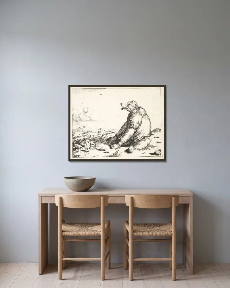 Sedící medvěd, obrácený doleva, Marcus de Bye v rámu na stěně