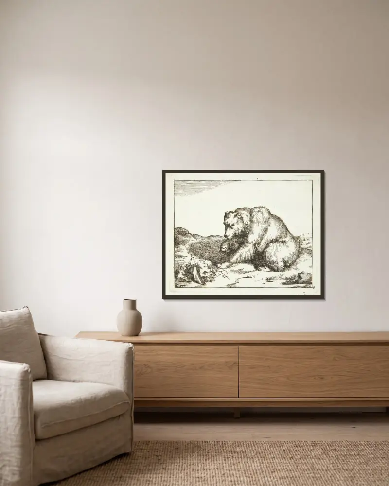 Sitzender Bär, nach links gewandt, 1664 von Marcus de Bye gerahmt an einer Wand