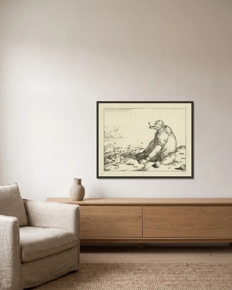 Sitzender Bär von Marcus de Bye gerahmt an einer Wand