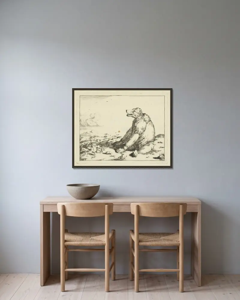 Sitzender Bär von Marcus de Bye gerahmt an einer Wand
