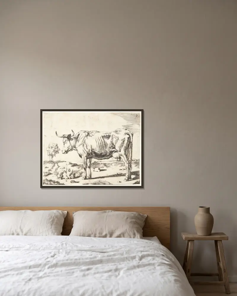 Stehende Kuh von Marcus de Bye gerahmt an einer Wand