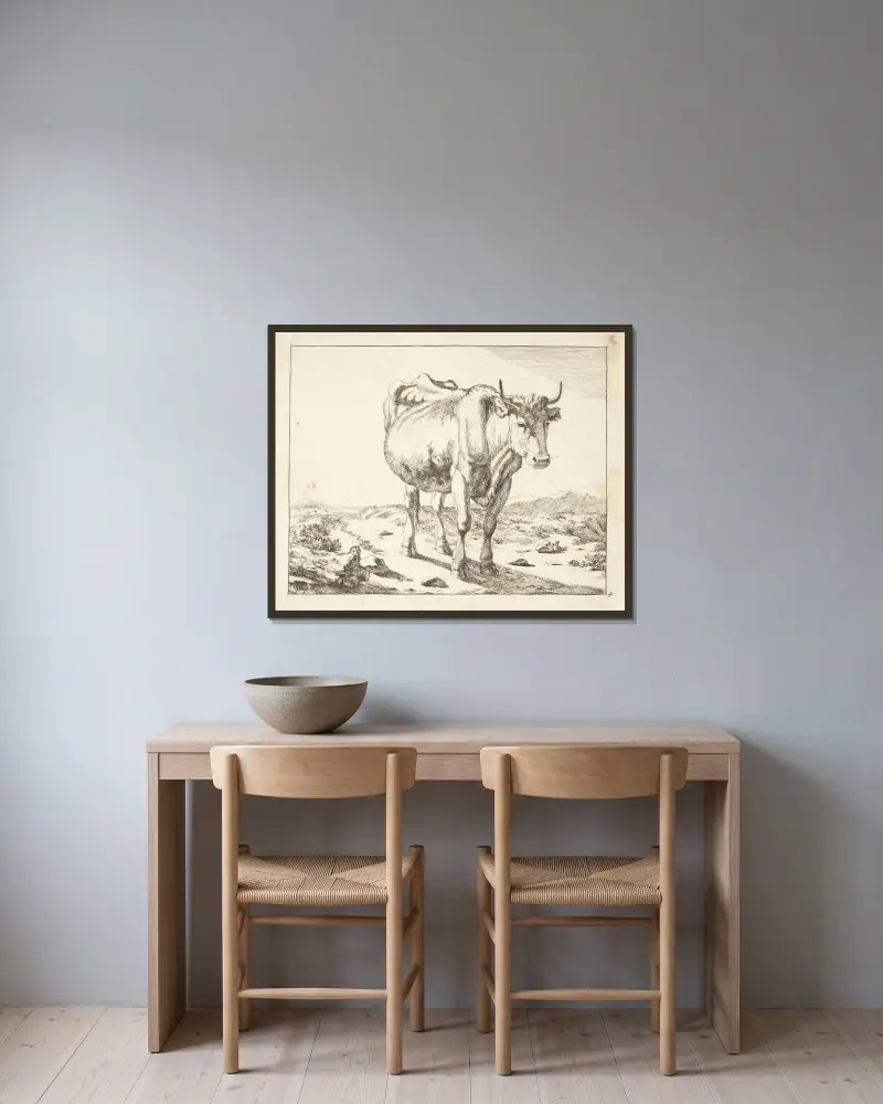 Stehende Kuh, von vorn von Marcus de Bye gerahmt an einer Wand