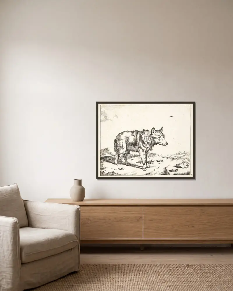 Stehender Wolf, nach rechts gewandt von Marcus de Bye gerahmt an einer Wand