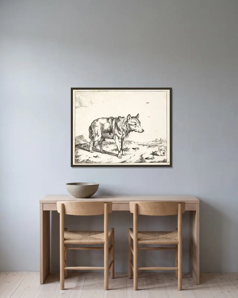 Stehender Wolf, nach rechts gewandt von Marcus de Bye gerahmt an einer Wand