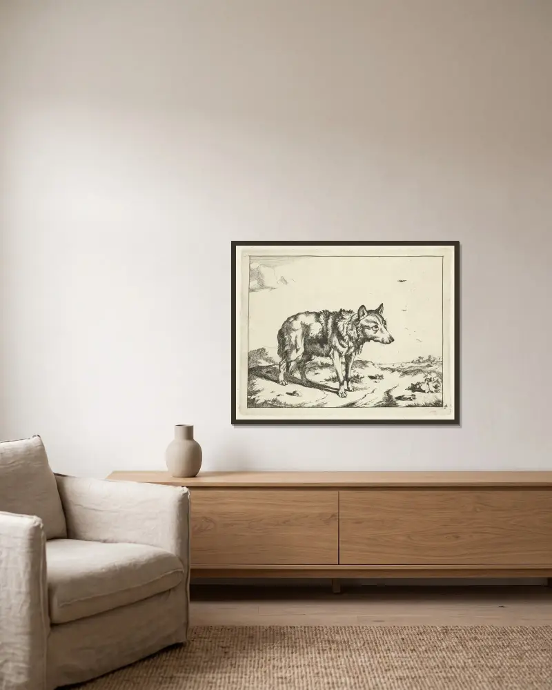 Stehender Wolf von Marcus de Bye gerahmt an einer Wand