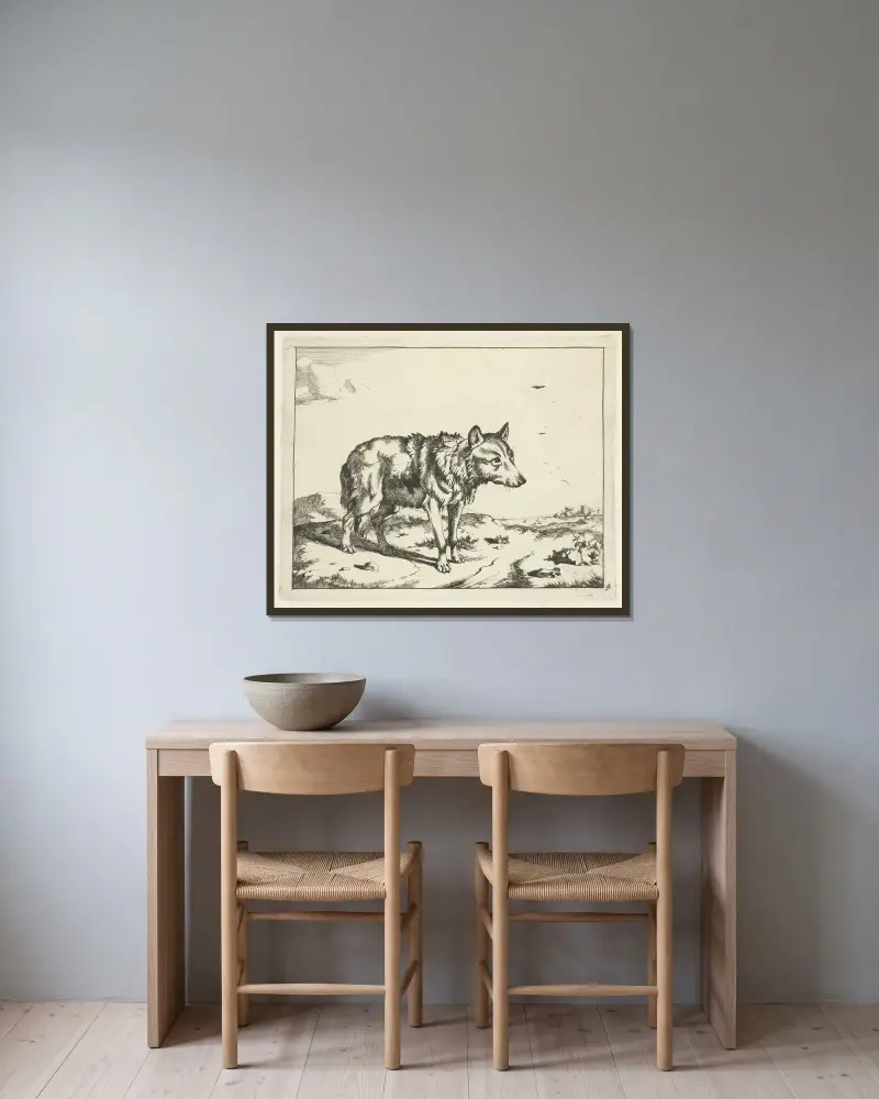 Stehender Wolf von Marcus de Bye gerahmt an einer Wand