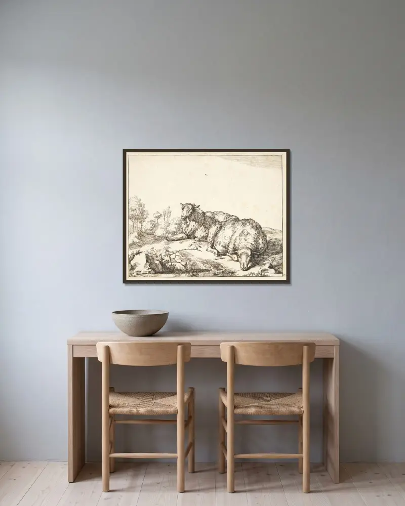 Zwei liegende Schafe, 1664 – Nr. 1 – Nr. 1 von Marcus de Bye gerahmt an einer Wand