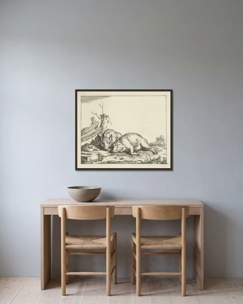 Zwei Schweine an einem Zaun von Marcus de Bye gerahmt an einer Wand