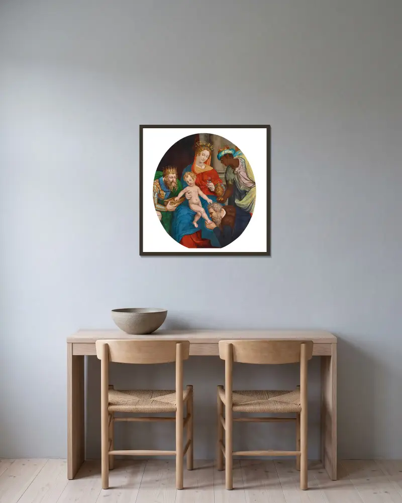 Madonnan med barnet och de vise männen av Manner of Simon de Châlons inramad på en vägg