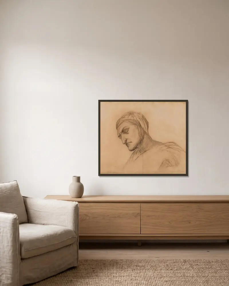 Dante, buste d’homme drapé, tête couverte de trois-quart à gauche av Pierre Puvis de Chavannes inramad på en vägg