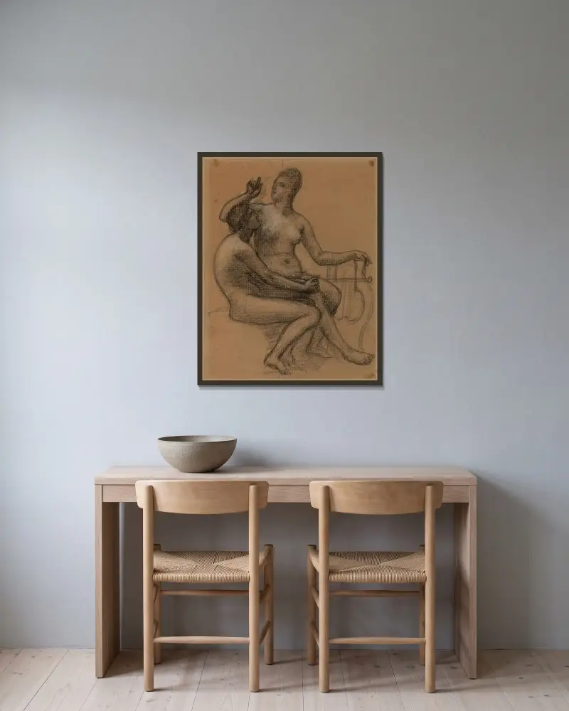Två sittande nakna kvinnor av Pierre Puvis de Chavannes inramad på en vägg