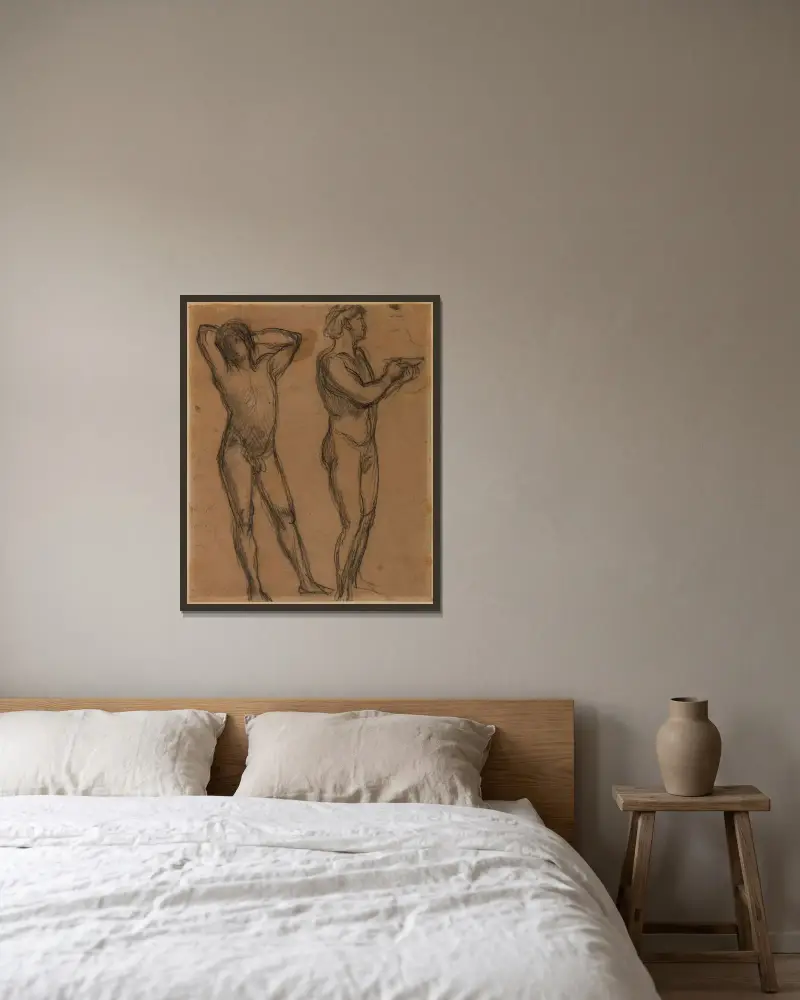 Två nakna män av Pierre Puvis de Chavannes inramad på en vägg
