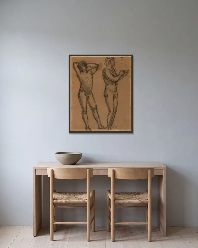 Två nakna män av Pierre Puvis de Chavannes inramad på en vägg