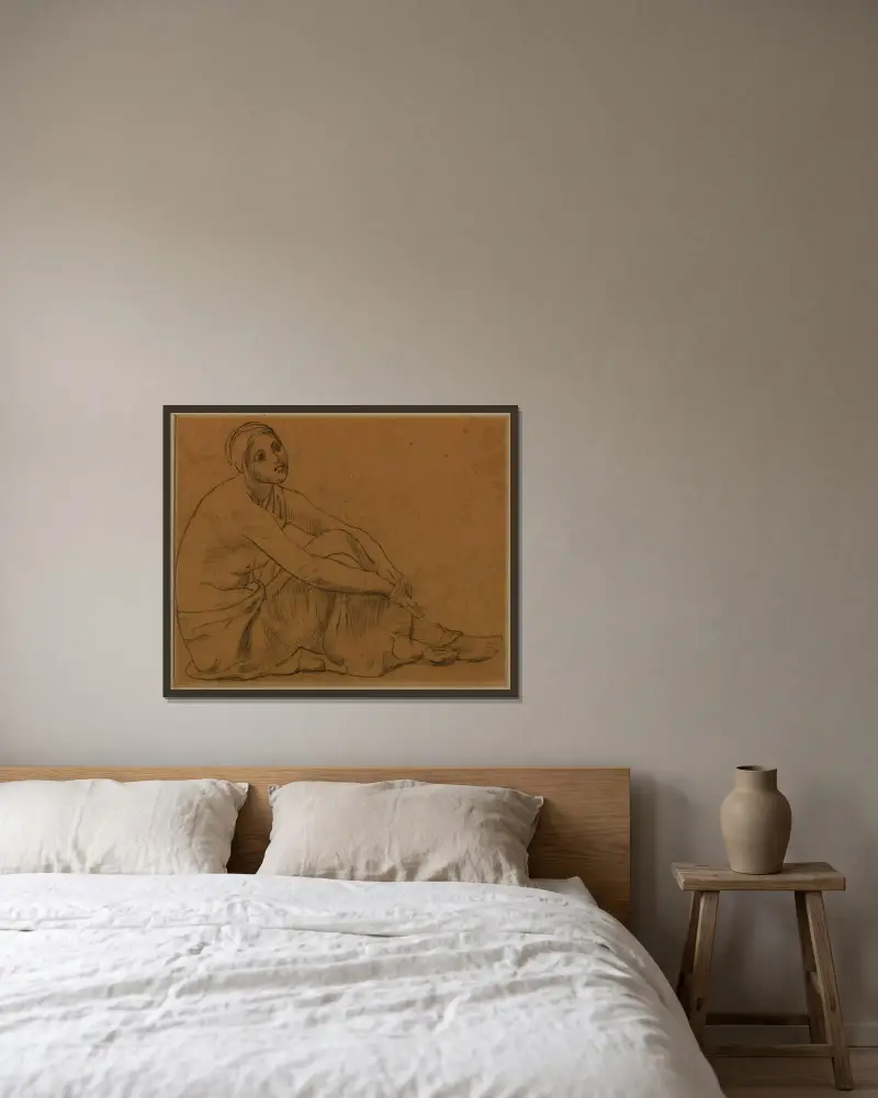 Sittande kvinna på marken av Pierre Puvis de Chavannes inramad på en vägg