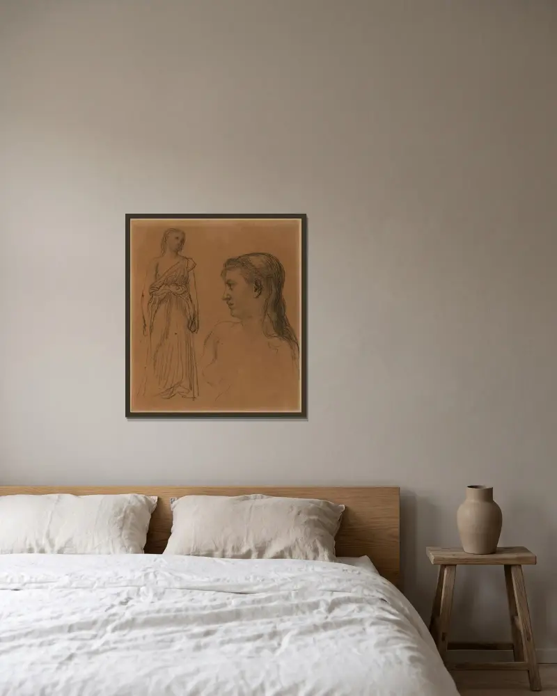 Stående kvinna och kvinnobyst av Pierre Puvis de Chavannes inramad på en vägg
