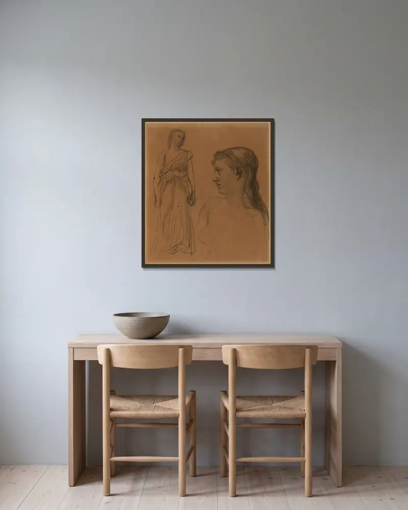 Stående kvinna och kvinnobyst av Pierre Puvis de Chavannes inramad på en vägg