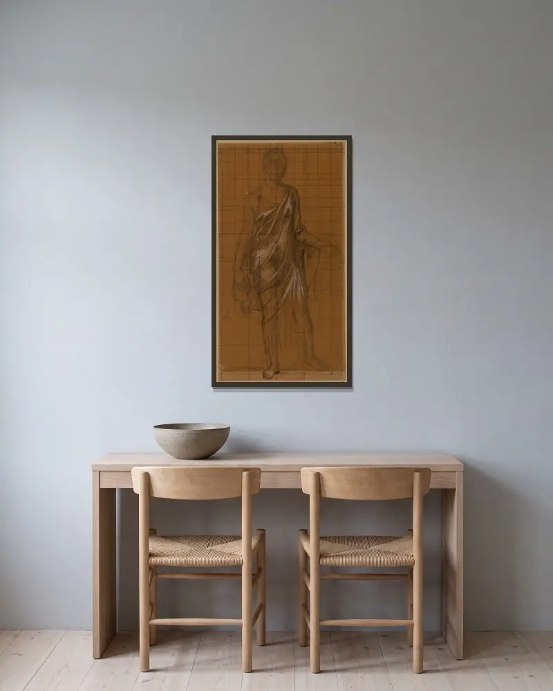 Stående draperad kvinna med barn på höger höft av Pierre Puvis de Chavannes inramad på en vägg