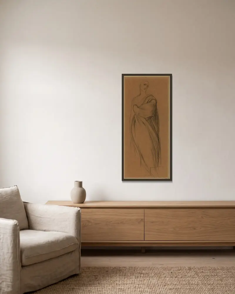 Draperad kvinna, stående, framifrån av Pierre Puvis de Chavannes inramad på en vägg